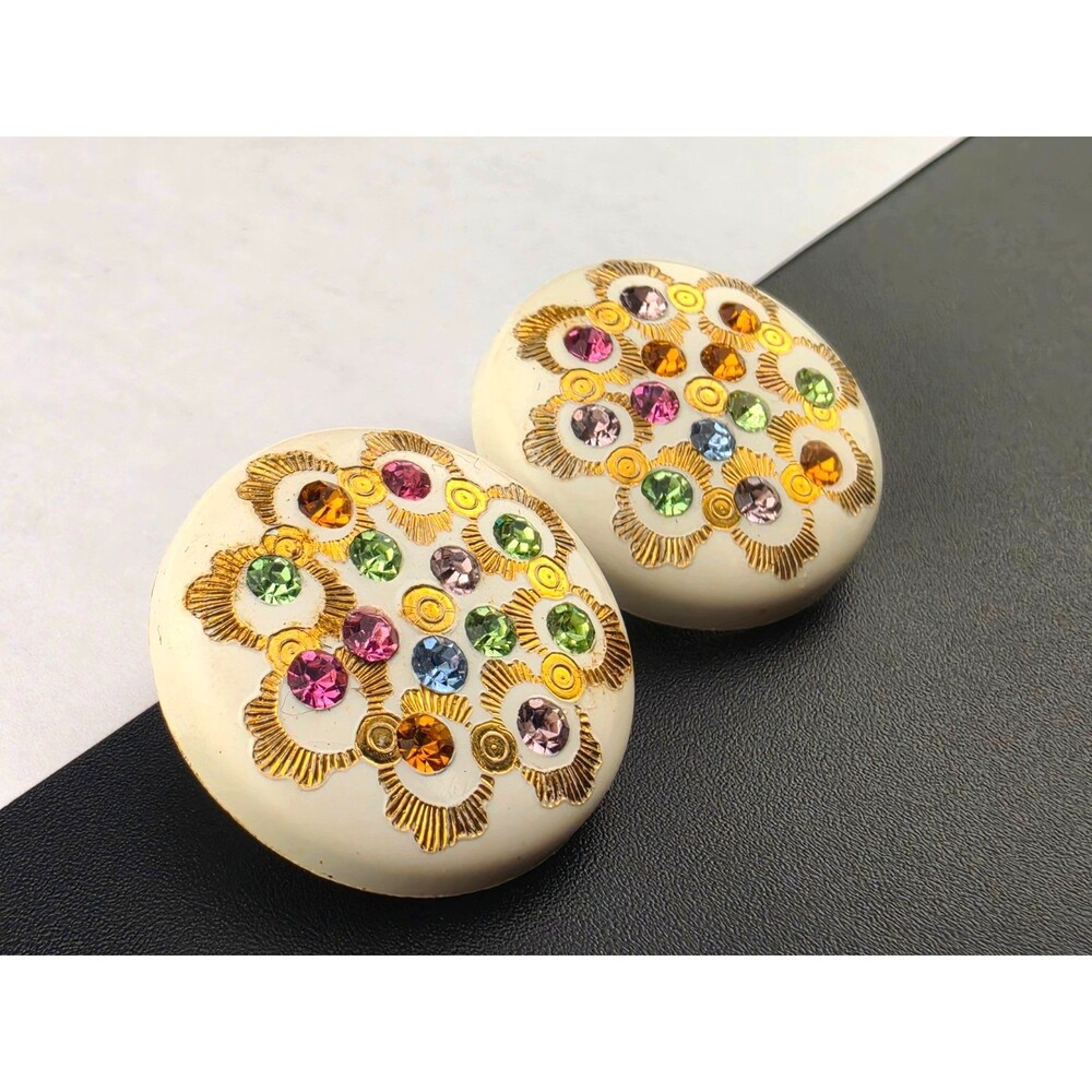 Colorful Vintage Cream Lucite Coin Pastel Rhinestone Clip Earrings 1"
